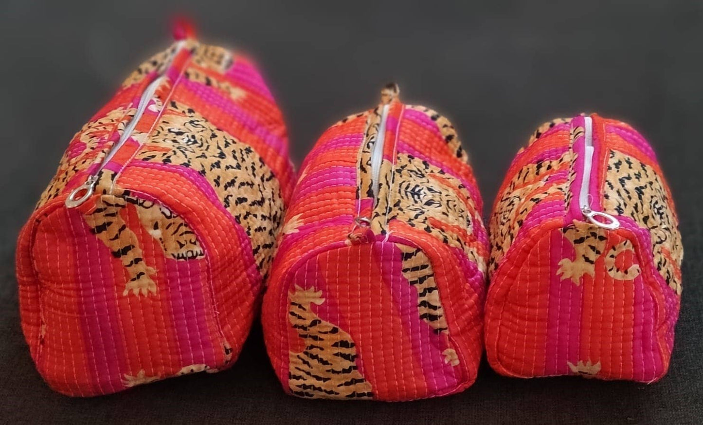 Pink & Orange Tiger Cotton Quilted Makeup Bag/Cosmetic Bag - Small