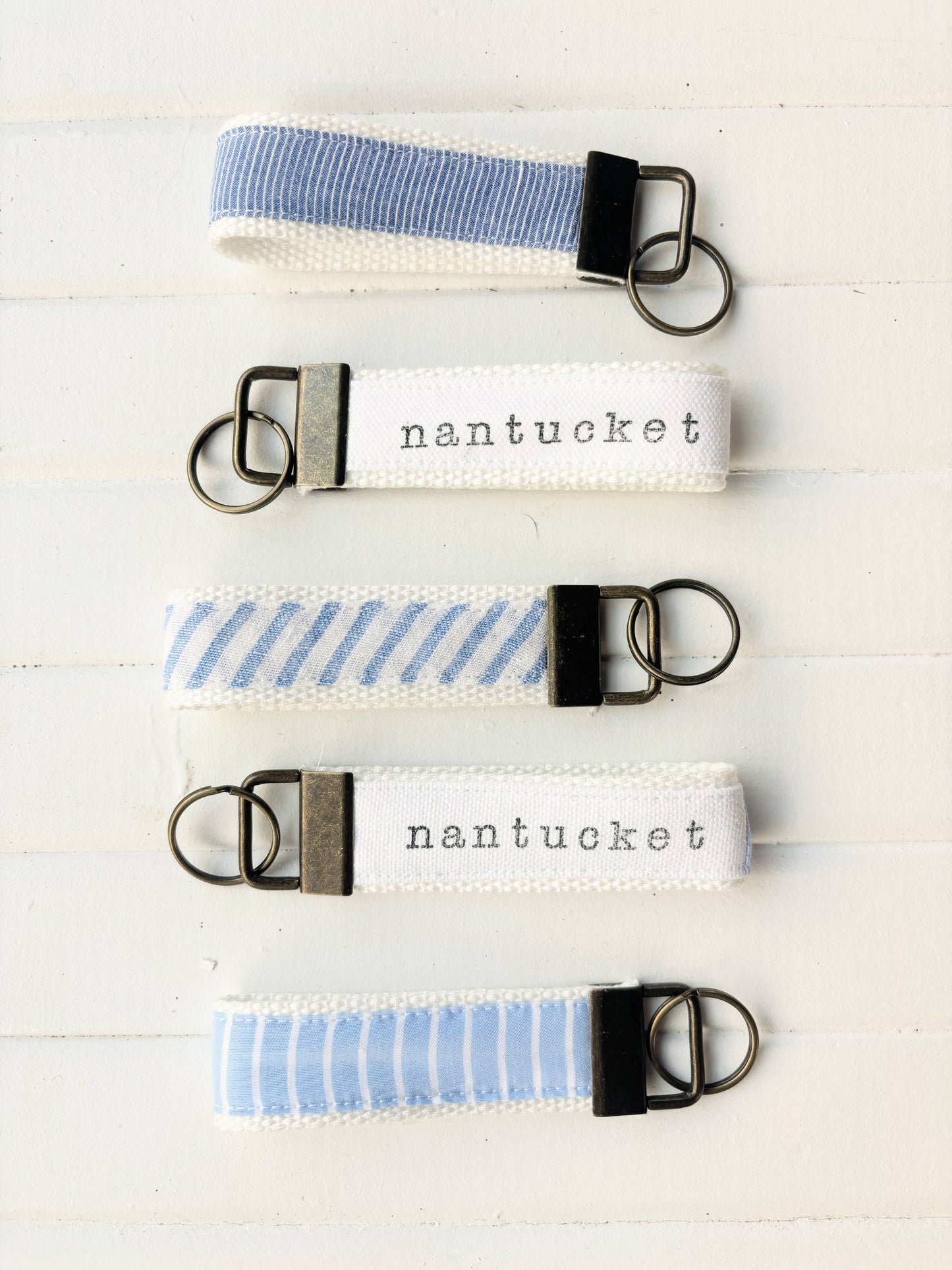 Custom Town Name Coastal Stripes Upcycled Fabric Key Fobs