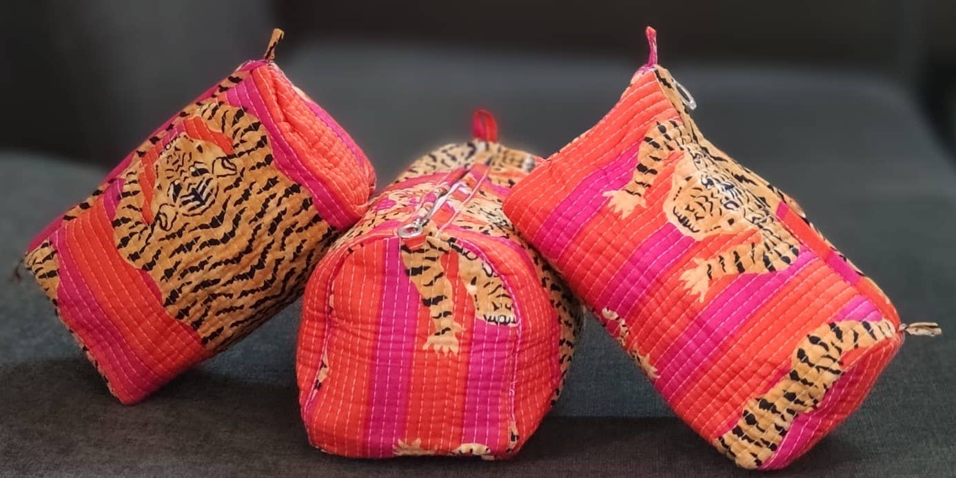 Pink & Orange Tiger Cotton Quilted Makeup Bag/Cosmetic Bag - Small