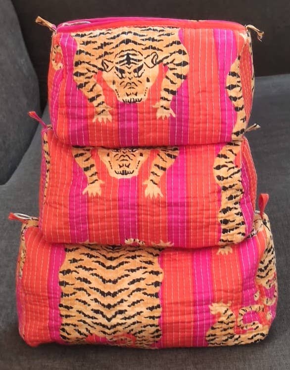 Pink & Orange Tiger Cotton Quilted Makeup Bag/Cosmetic Bag - Small