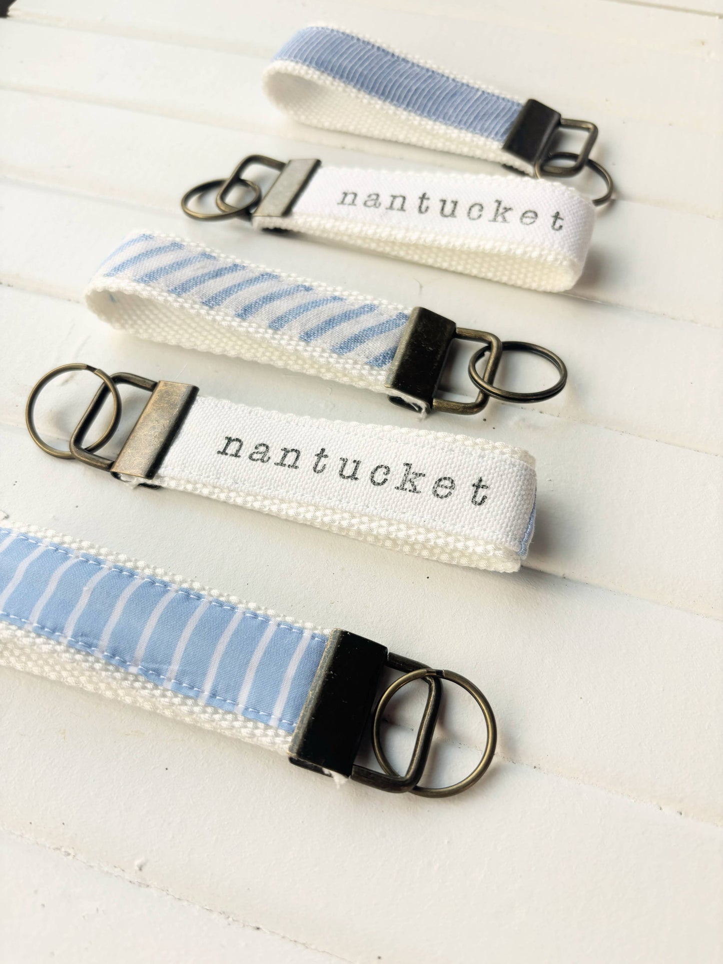 Custom Town Name Coastal Stripes Upcycled Fabric Key Fobs