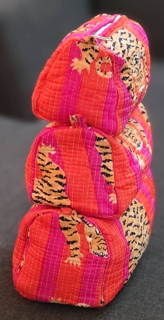 Pink & Orange Tiger Cotton Quilted Makeup Bag/Cosmetic Bag - Small