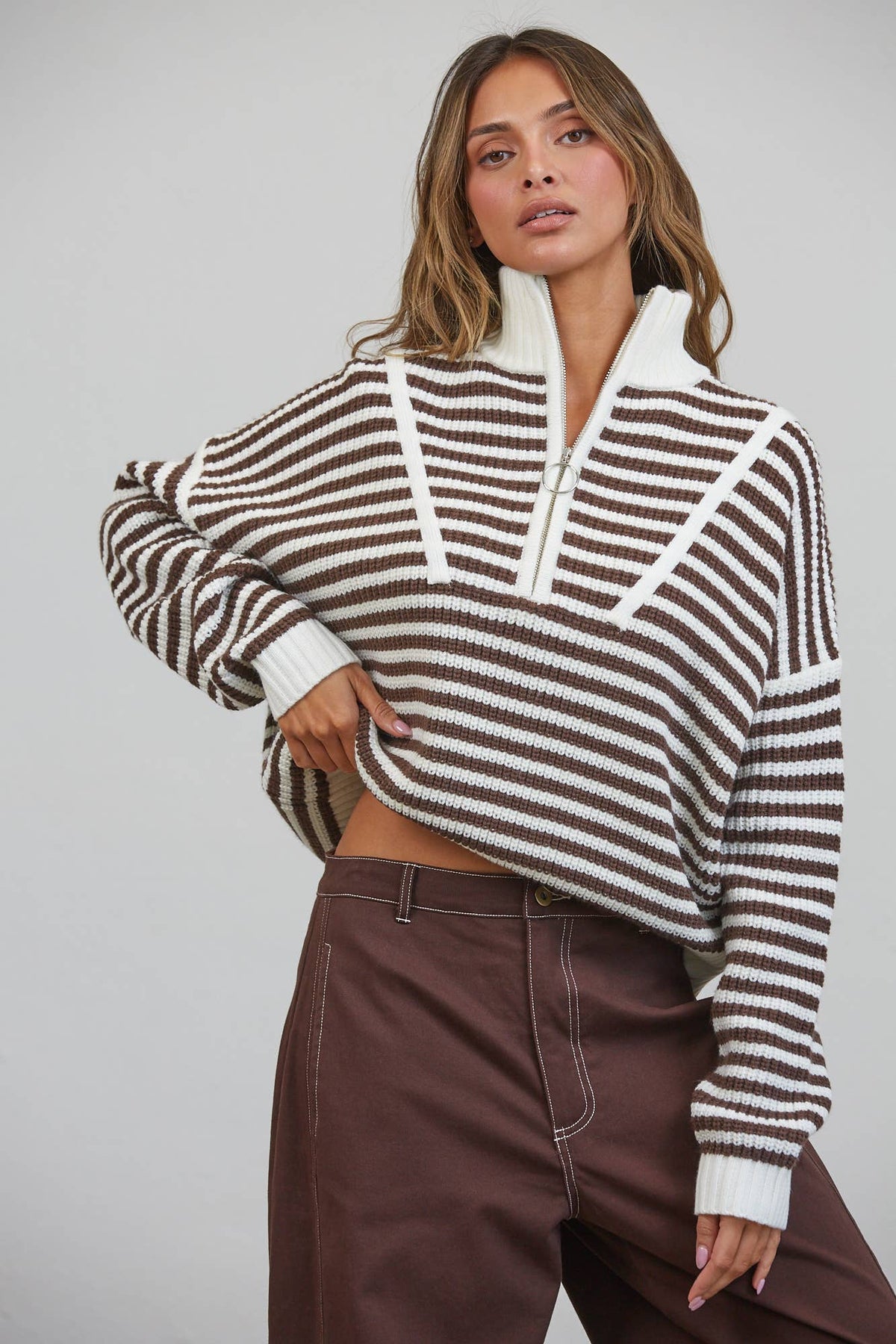 HSW1288 Preppy Californian Half-zip Striped Sweater-Brown