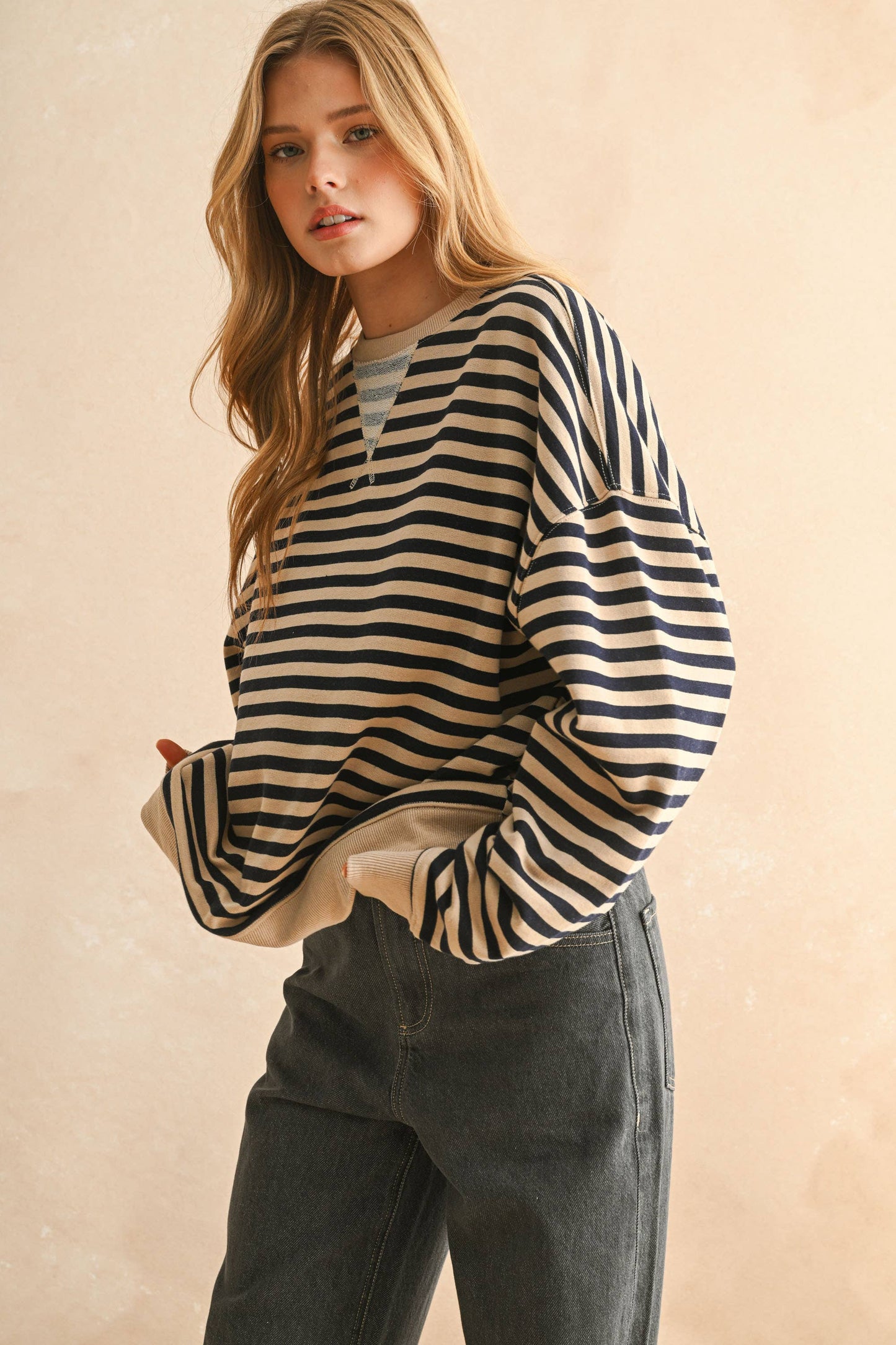 T4247   STRIPED KNITTED LONG SLEEVE PULLOVER