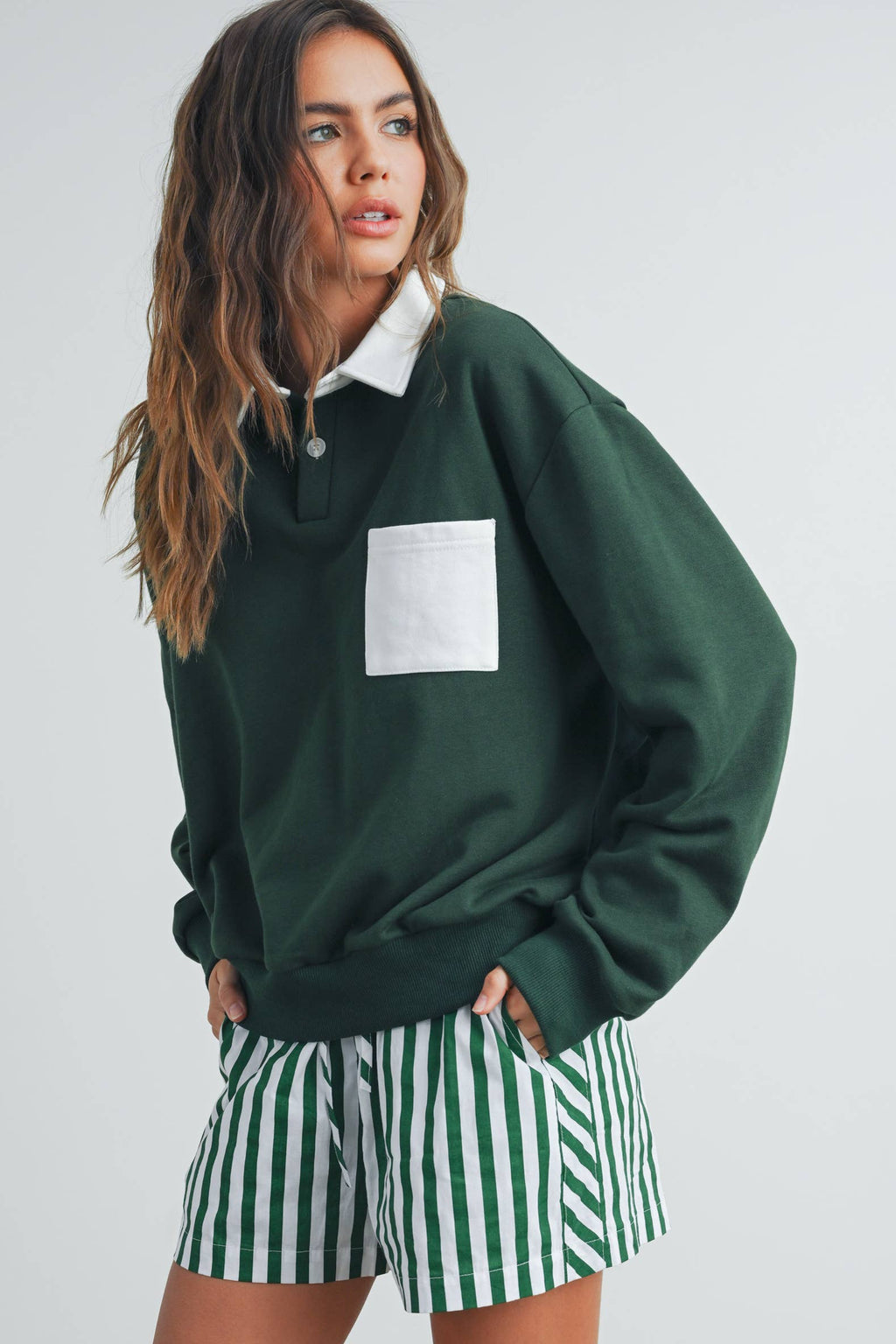 Two-Toned Polo Collar Sweatshirt - BMT7525