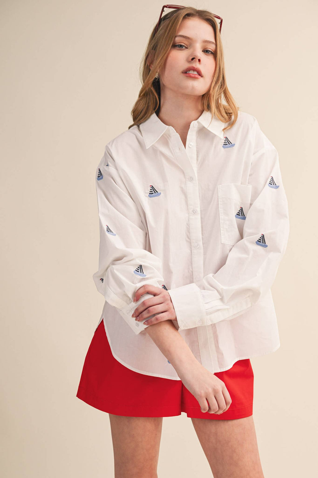 SAILBOAT EMBROIDERY BUTTON DOWN SHIRT MTP4688