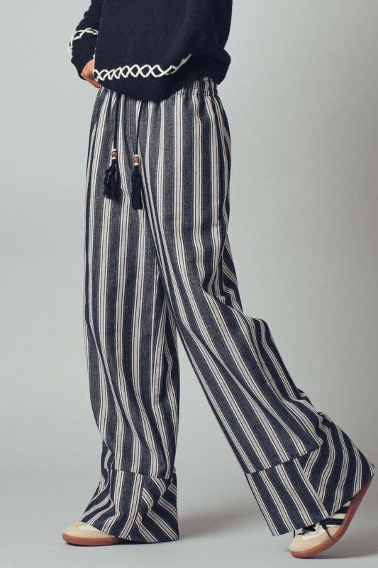Striped Tassel Tie Wide-Leg Pants