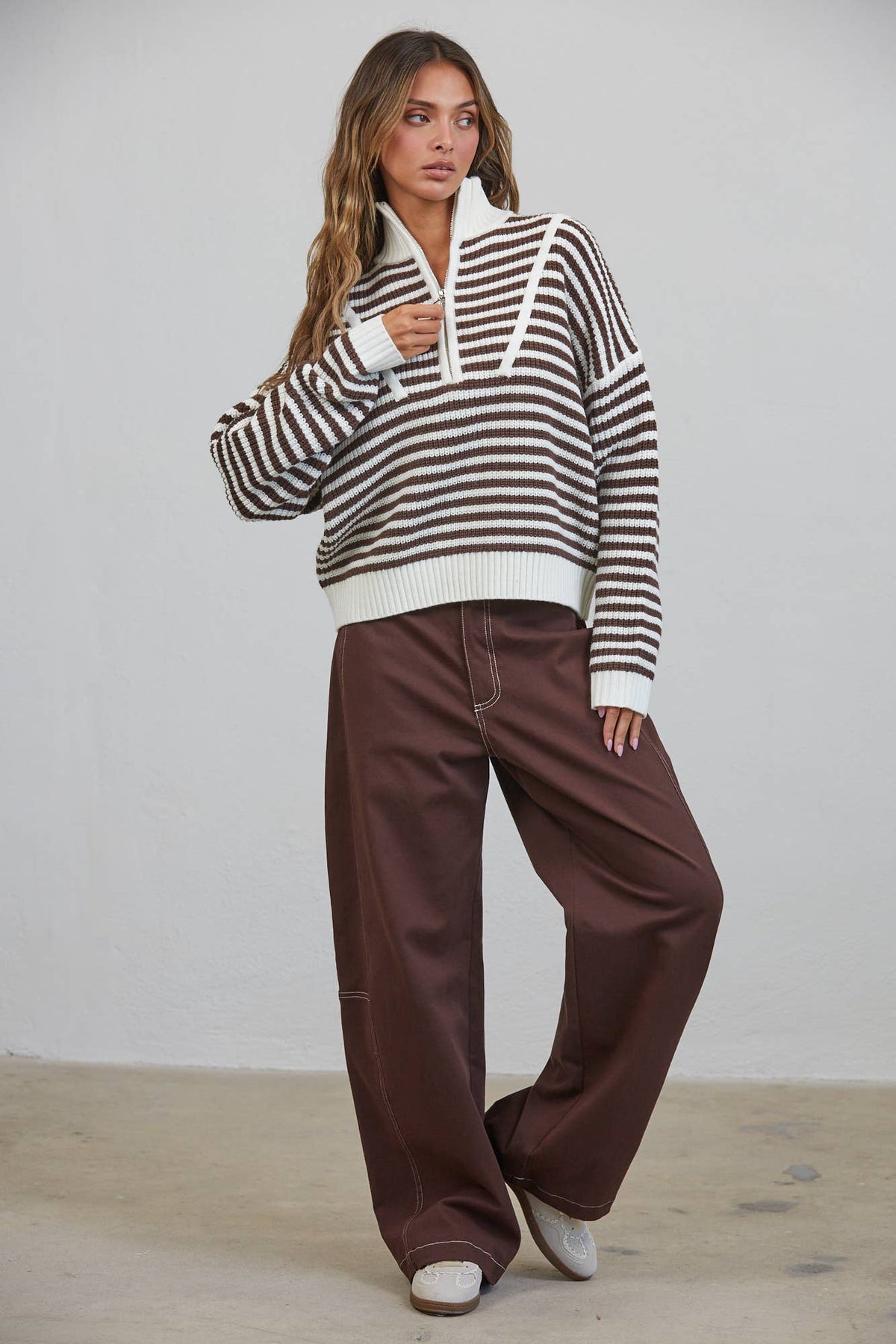 HSW1288 Preppy Californian Half-zip Striped Sweater-Brown