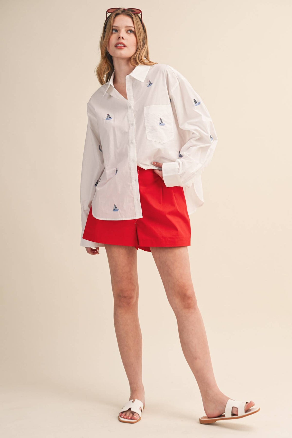 SAILBOAT EMBROIDERY BUTTON DOWN SHIRT MTP4688