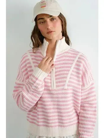 HSW1288 Preppy Californian Half-zip Striped Sweater-Brown