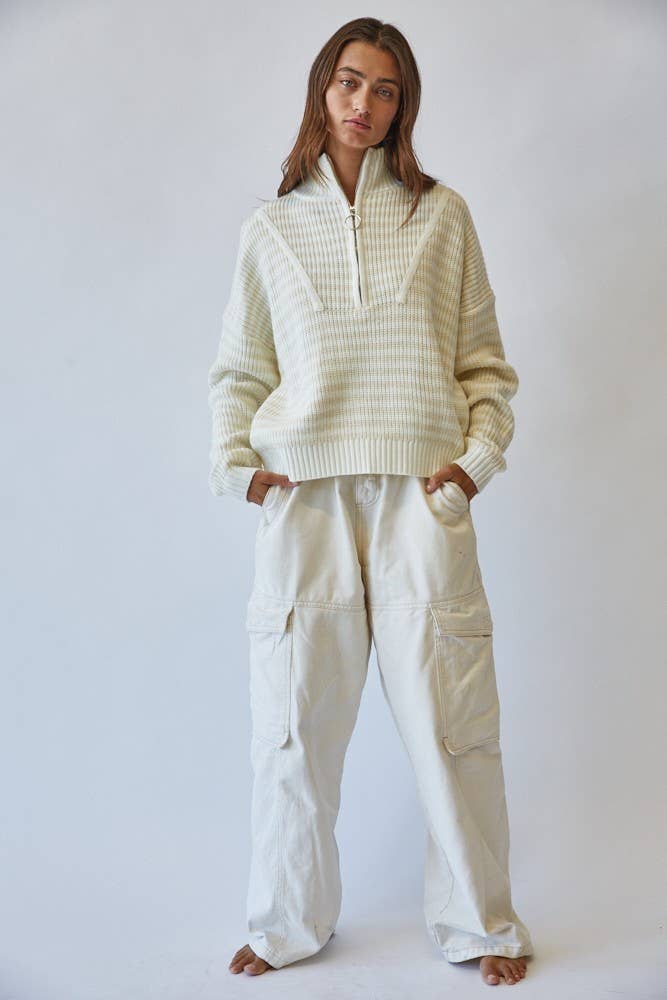 HSW1288 Preppy Californian Half-zip Striped Sweater-Ecru