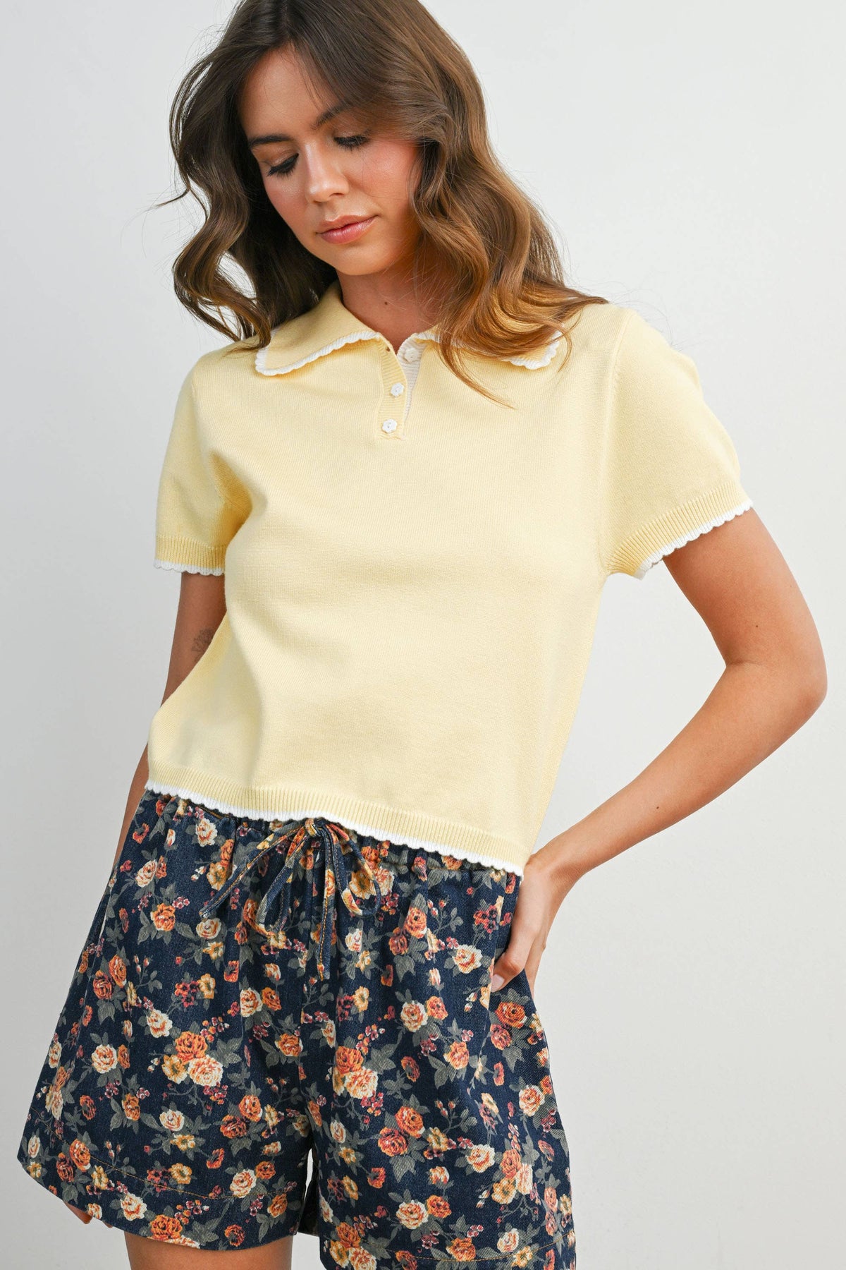 Scalloped Trim Knit Polo Top - BMW8391