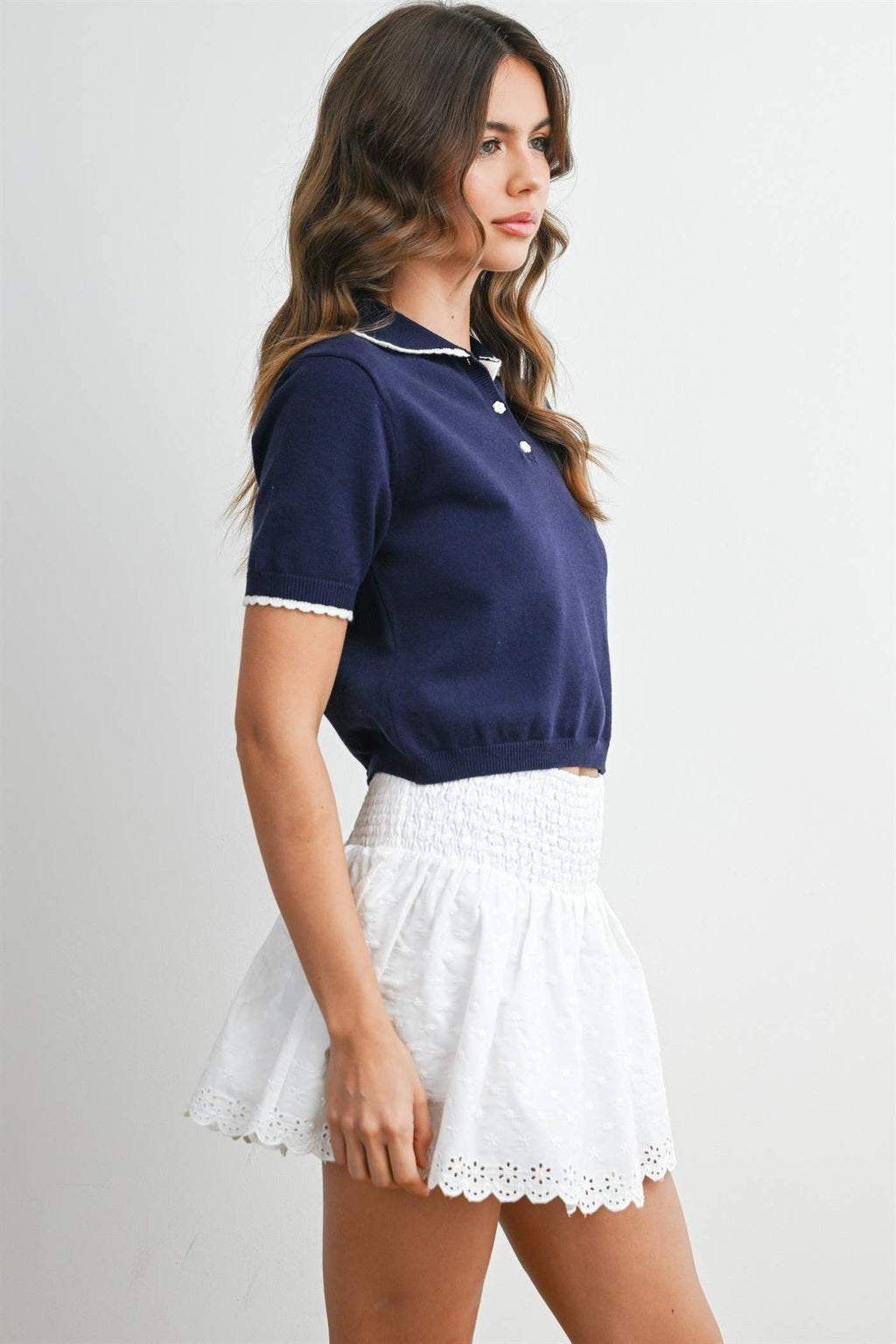 Scalloped Trim Knit Polo Top - BMW8391