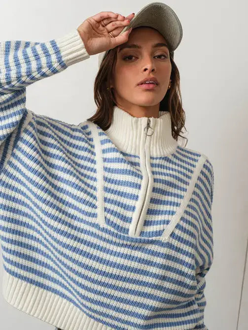 HSW1288 Preppy Californian Half-zip Striped Sweater-Brown