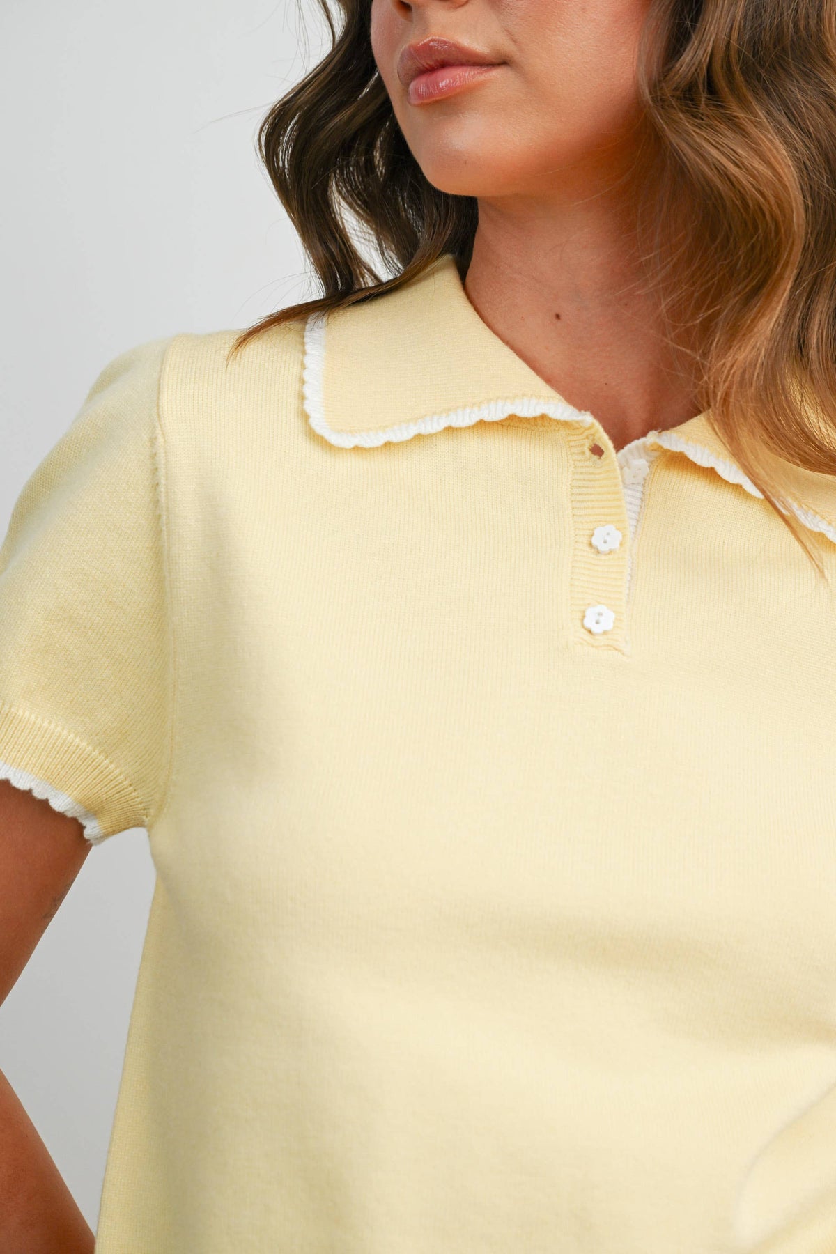 Scalloped Trim Knit Polo Top - BMW8391