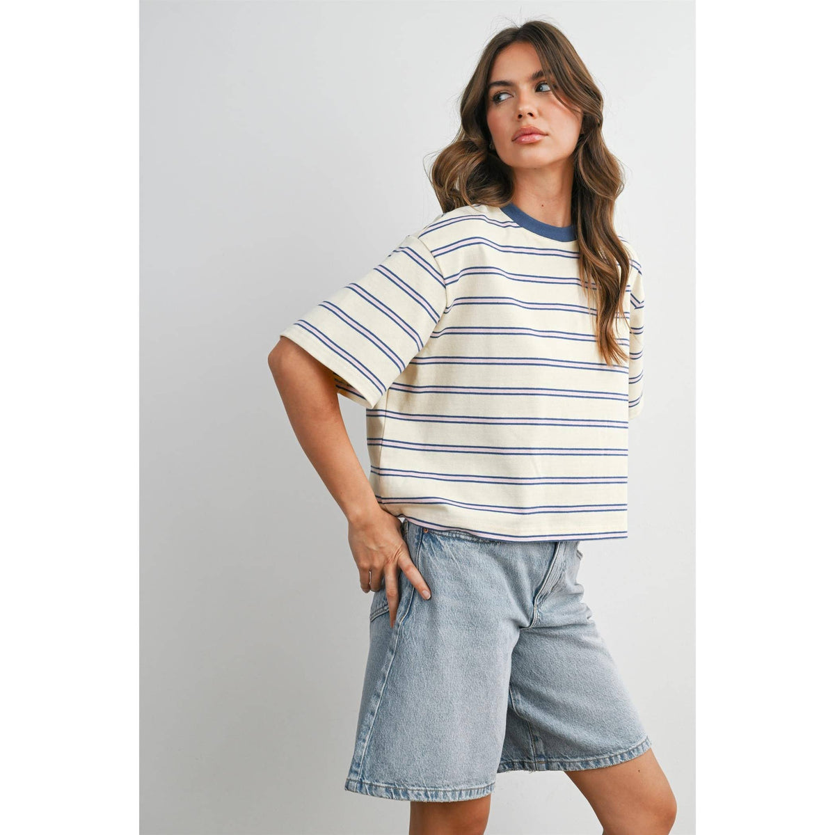 Striped Boxy Cropped T-Shirt - BMT8347