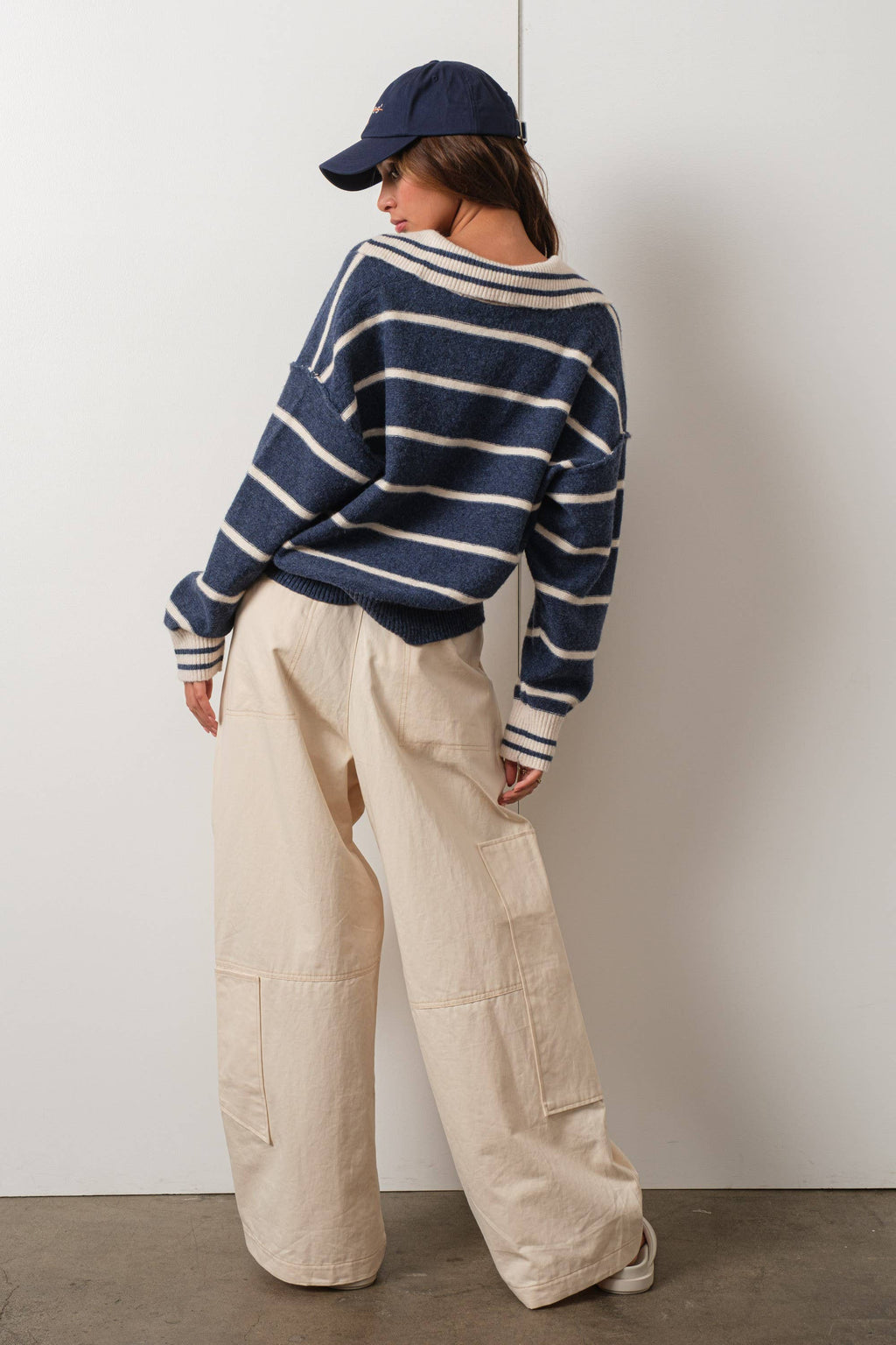 HSW1260-NAVY-Striped V Neck Collared Soft Sweater