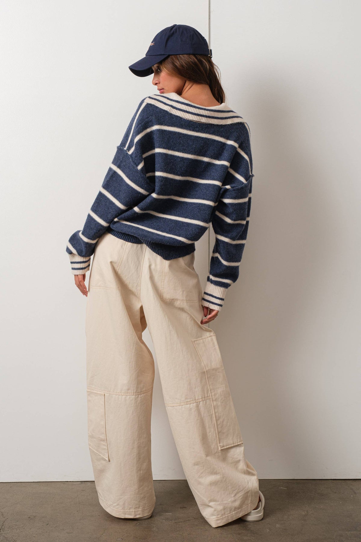 HSW1260-NAVY-Striped V Neck Collared Soft Sweater