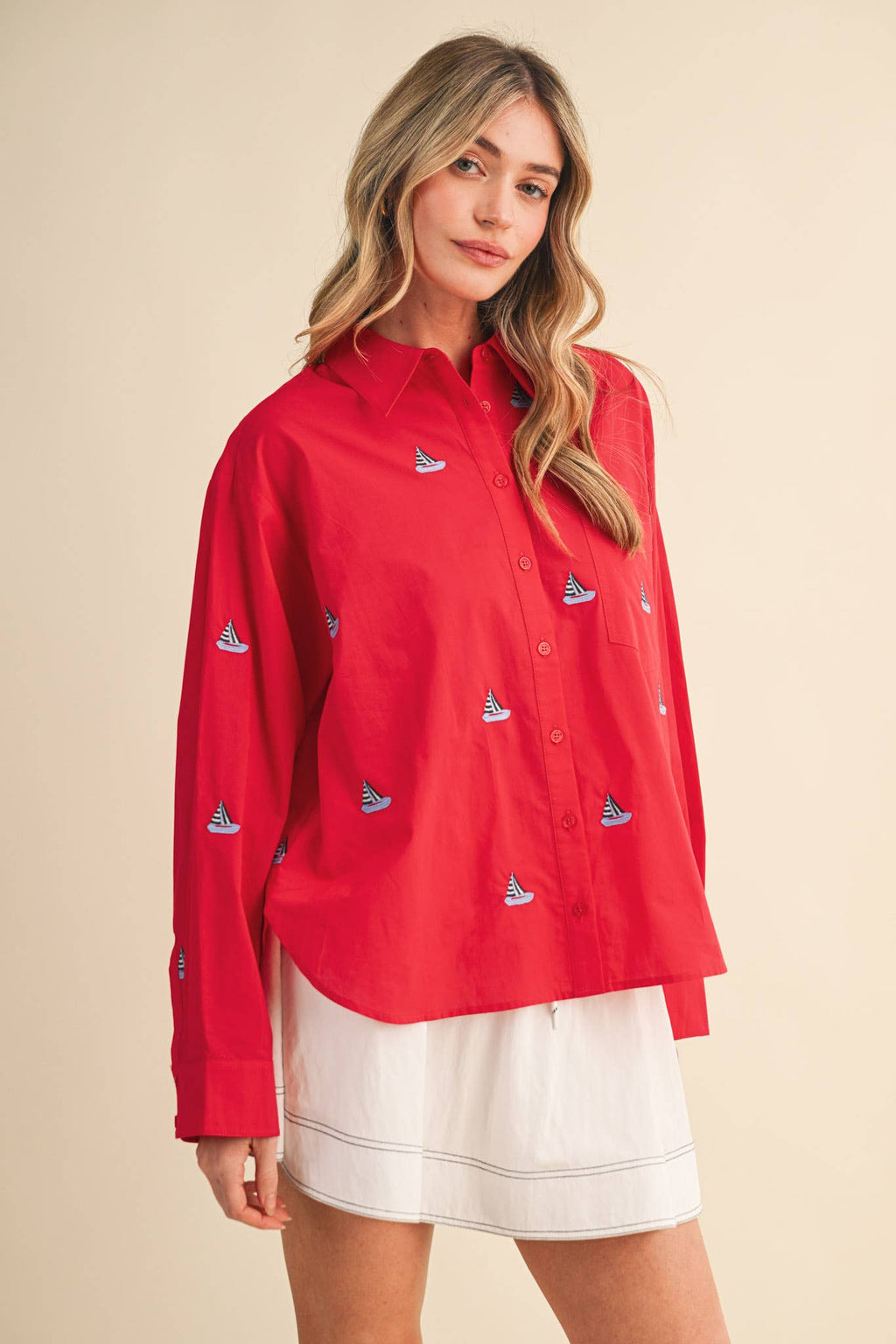 SAILBOAT EMBROIDERY BUTTON DOWN SHIRT MTP4688