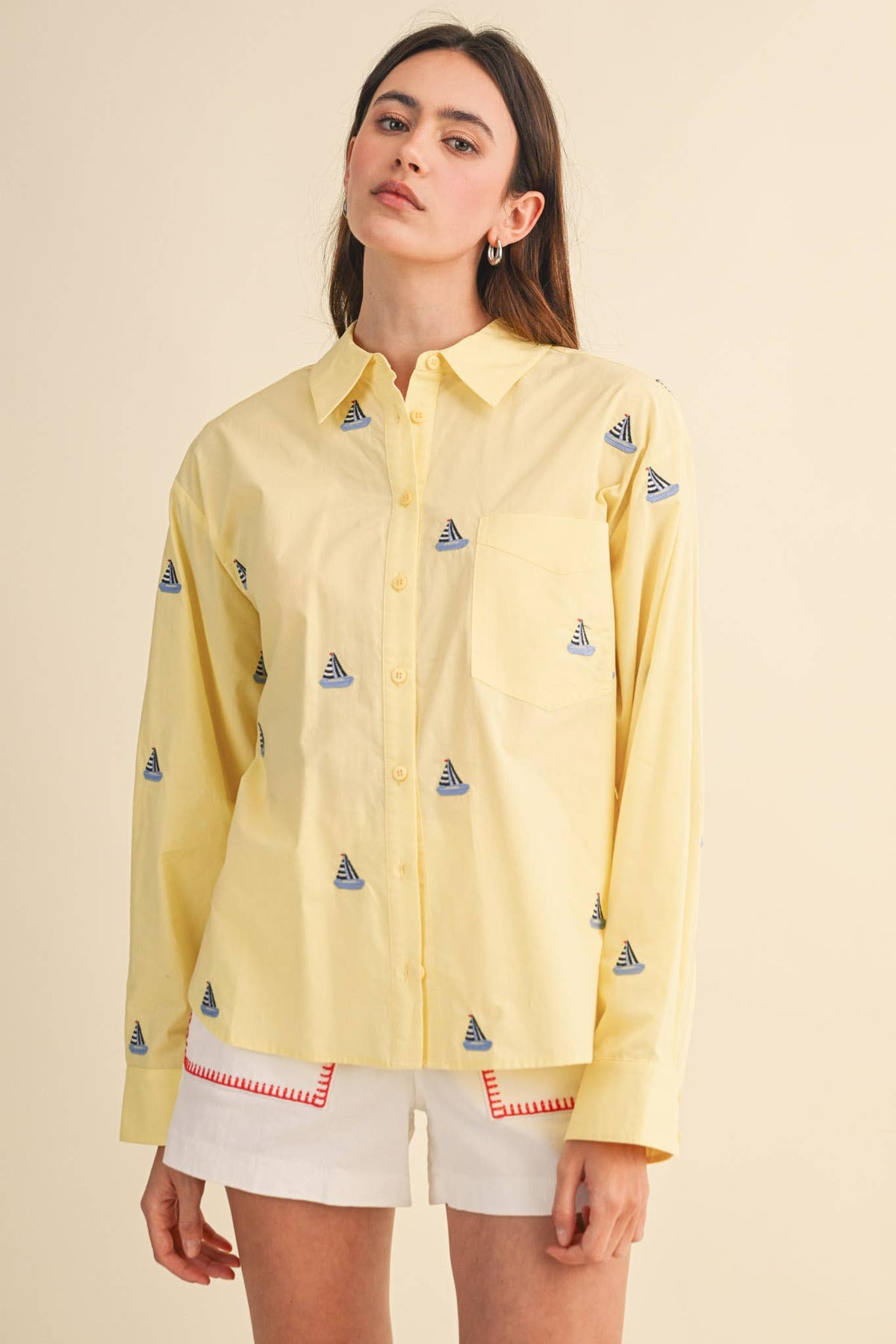 SAILBOAT EMBROIDERY BUTTON DOWN SHIRT MTP4688