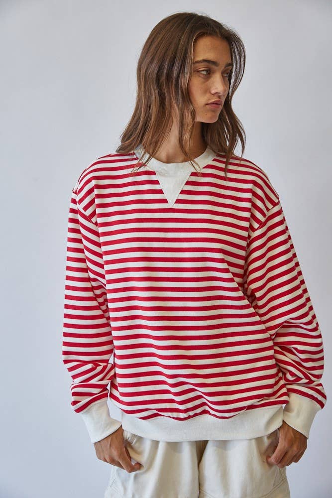 HT1427-3 RED Classic Blue Stripe Pullover Sweatshirt