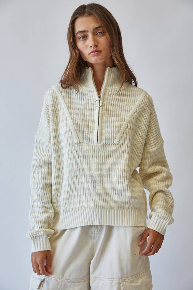 HSW1288 Preppy Californian Half-zip Striped Sweater-Ecru
