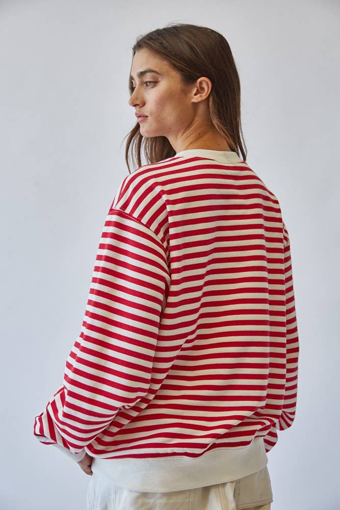 HT1427-3 RED Classic Blue Stripe Pullover Sweatshirt