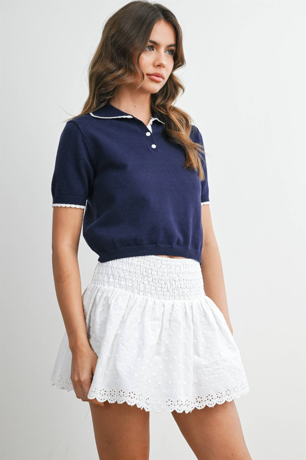 Scalloped Trim Knit Polo Top - BMW8391