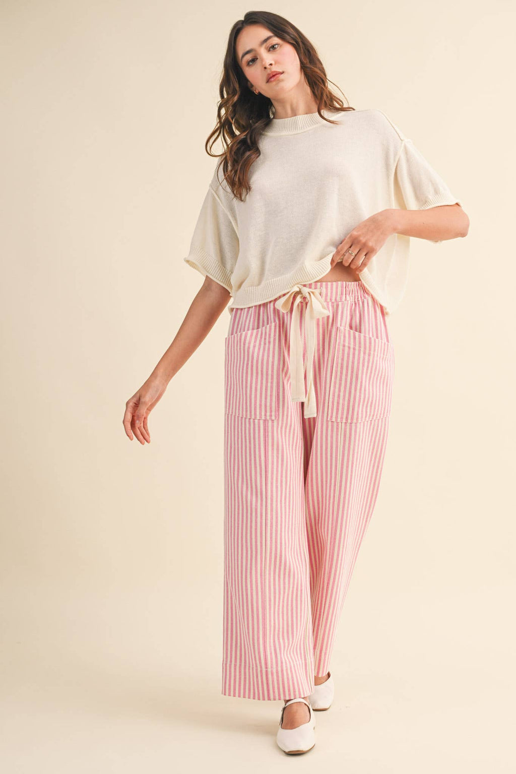 STRIPED WIDE LEG DRAWSTRING PANTS MP5090