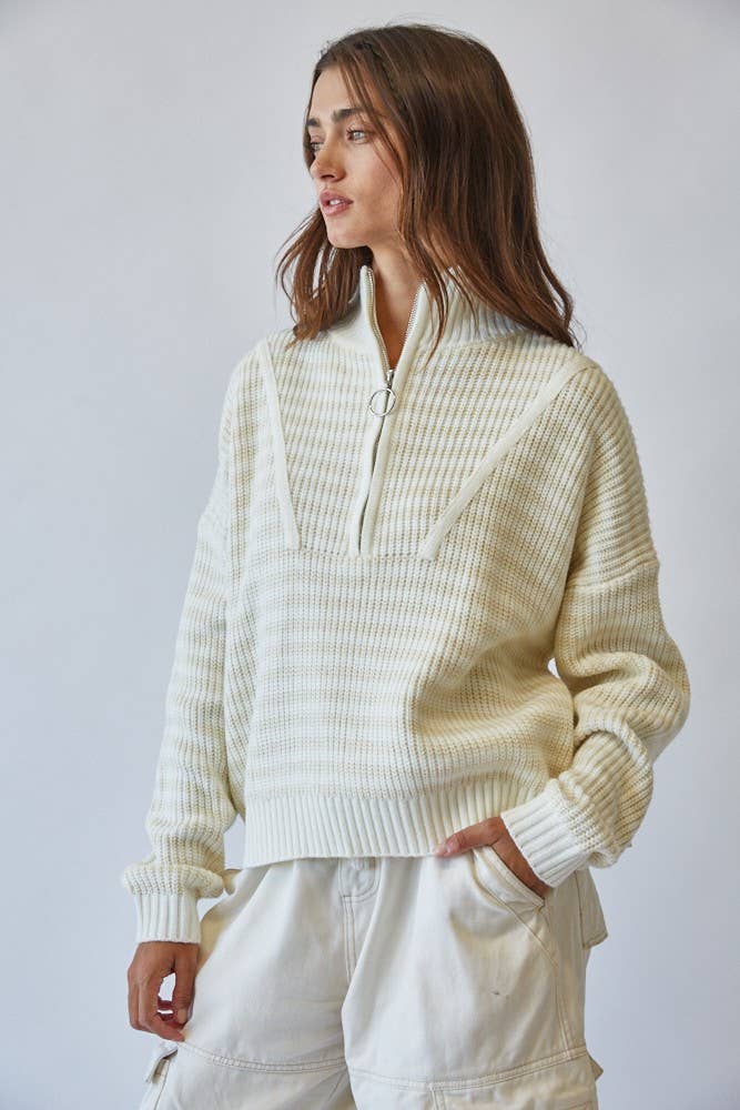 HSW1288 Preppy Californian Half-zip Striped Sweater-Ecru
