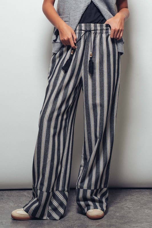 Striped Tassel Tie Wide-Leg Pants