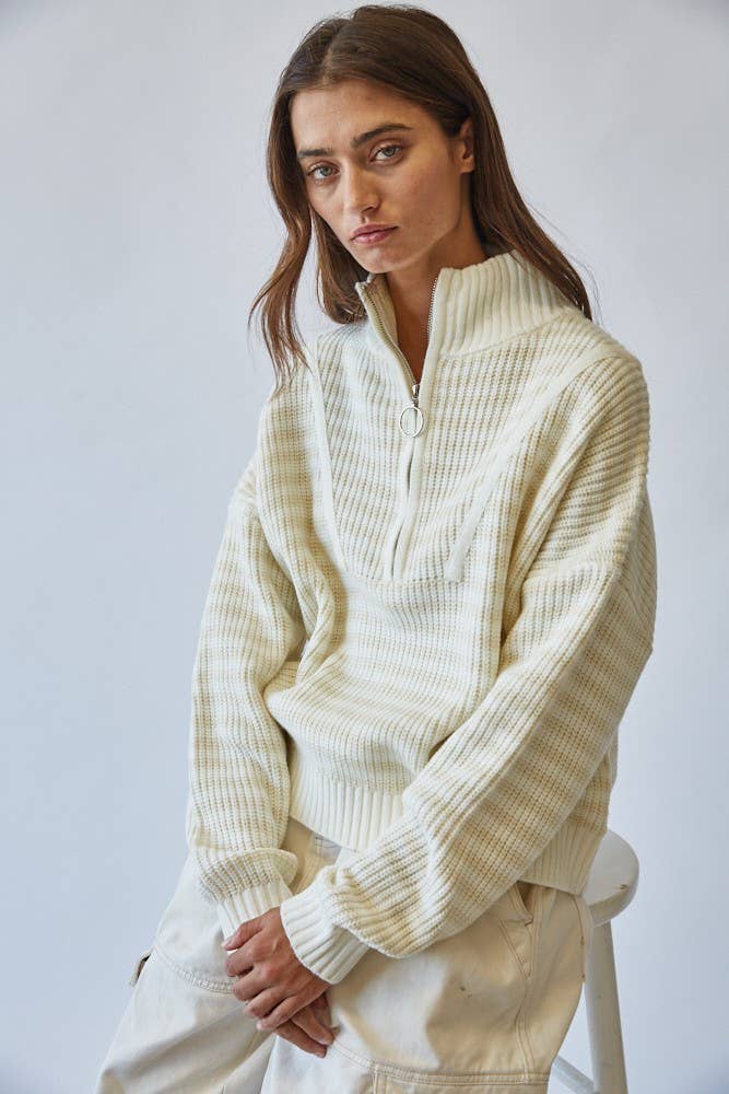 HSW1288 Preppy Californian Half-zip Striped Sweater-Ecru
