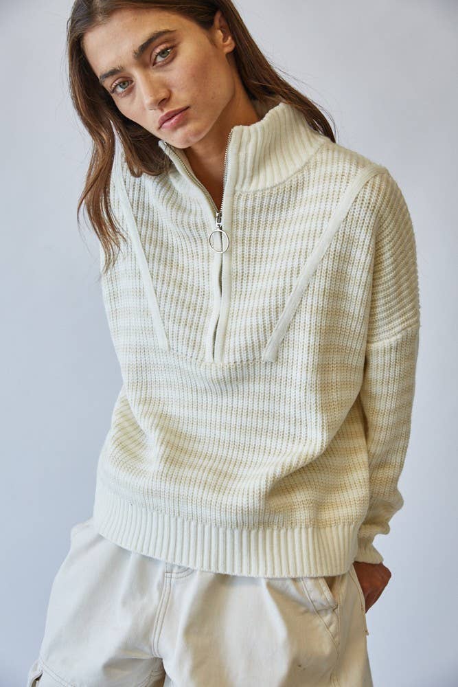 HSW1288 Preppy Californian Half-zip Striped Sweater-Ecru
