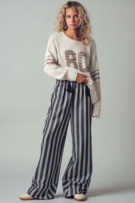 Striped Tassel Tie Wide-Leg Pants