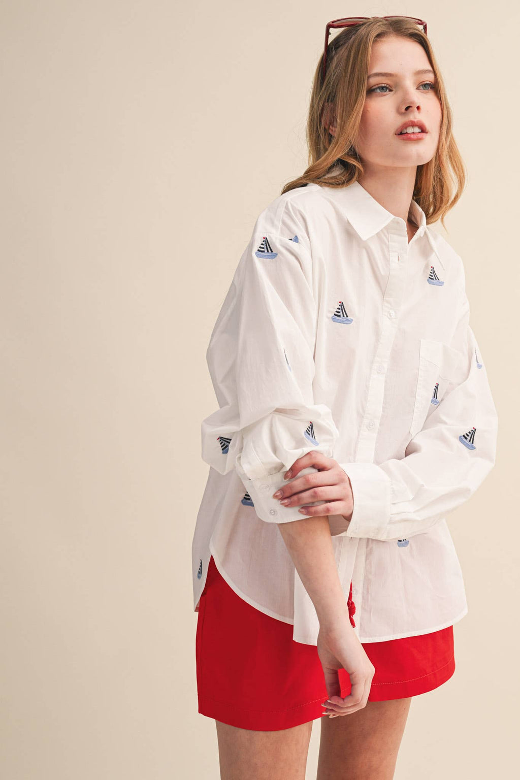 SAILBOAT EMBROIDERY BUTTON DOWN SHIRT MTP4688