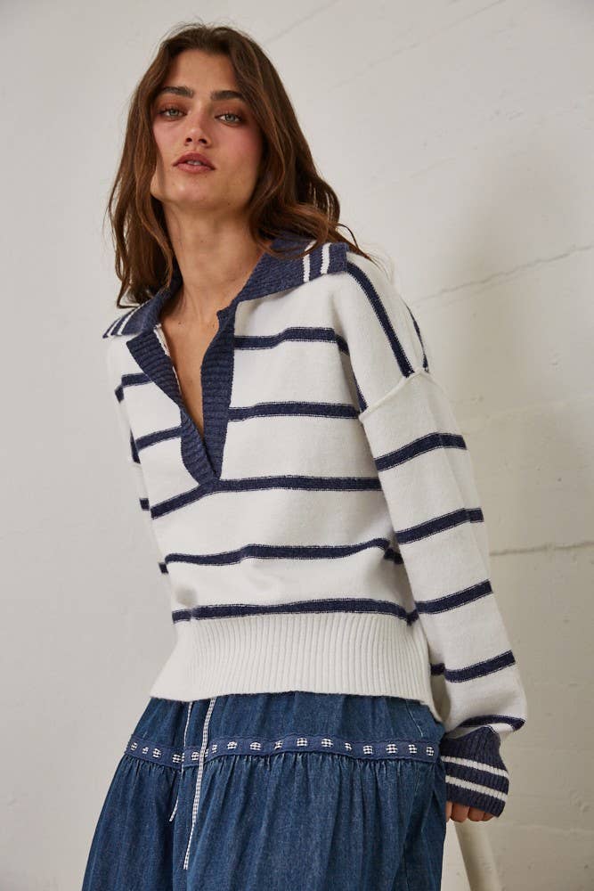 HSW1260-NAVY-Striped V Neck Collared Soft Sweater