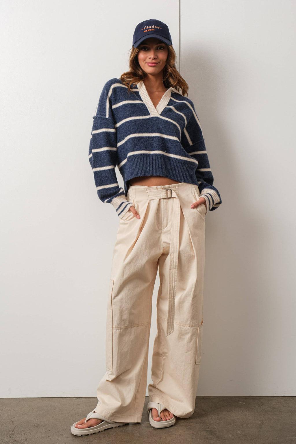 HSW1260-NAVY-Striped V Neck Collared Soft Sweater