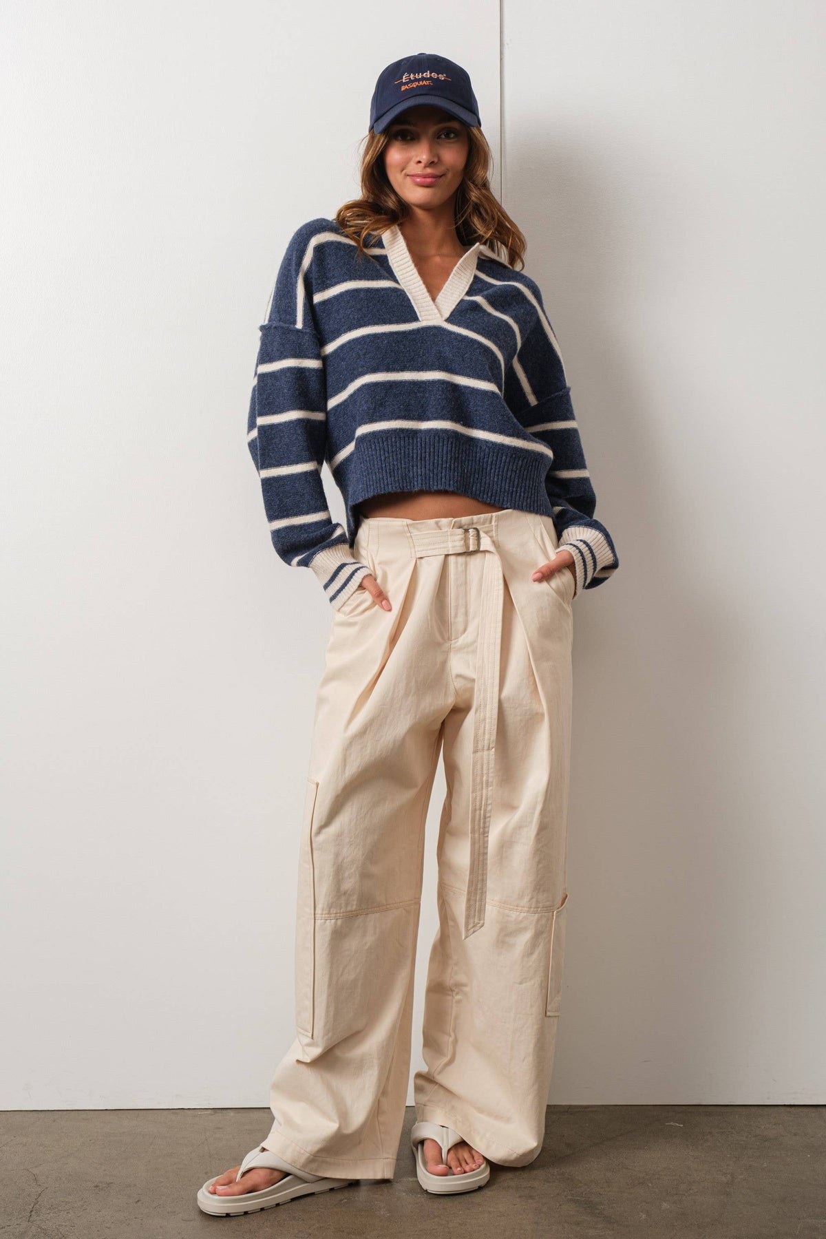 HSW1260-NAVY-Striped V Neck Collared Soft Sweater