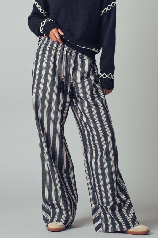 Striped Tassel Tie Wide-Leg Pants