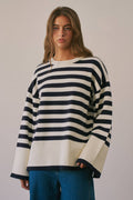 BSW1243 Striped Crew Neck Long Sleeve Sweater (NAVY)