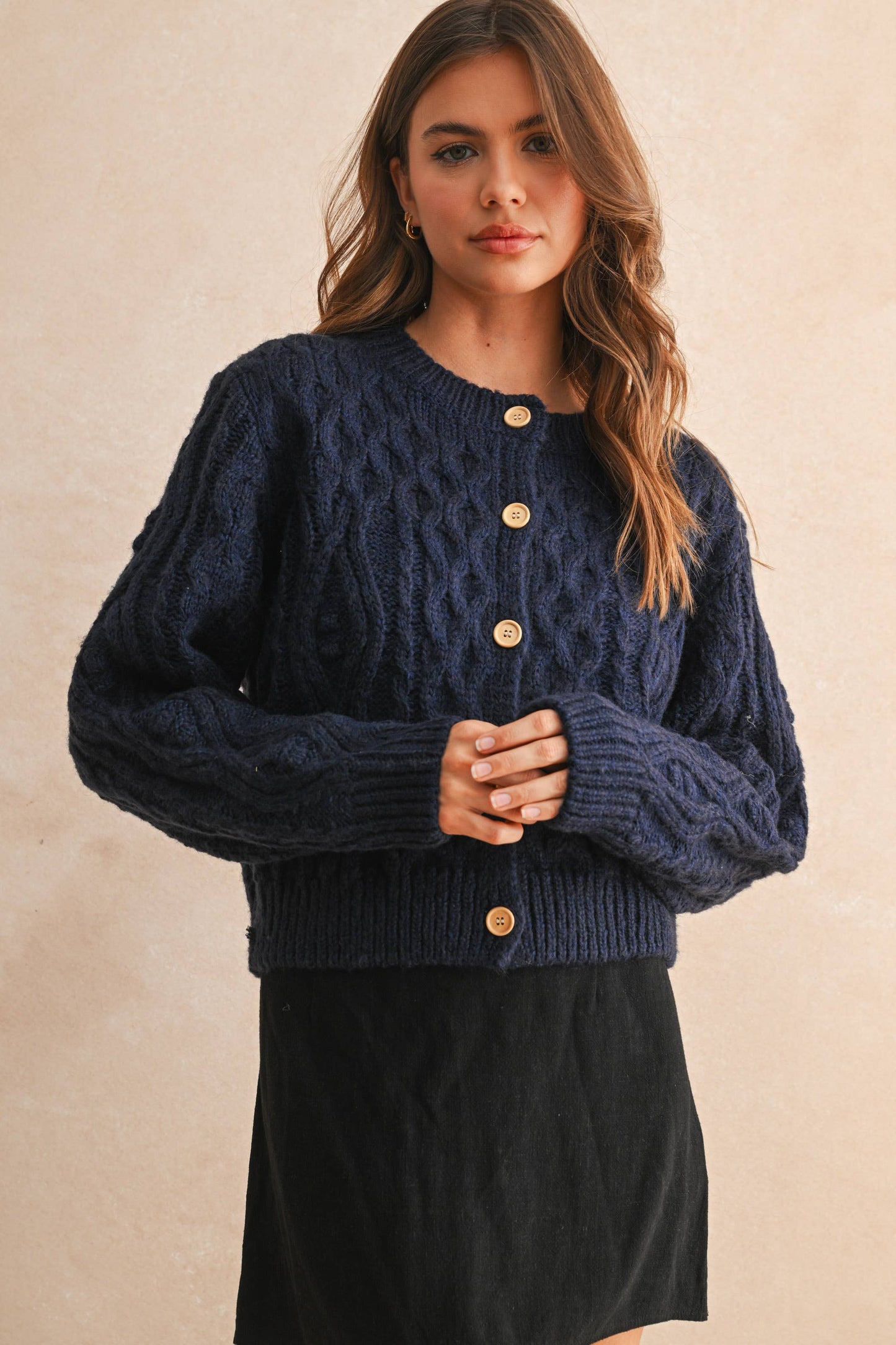 J5170   BUTTON FRONT CABLE KNITTED CARDIGAN