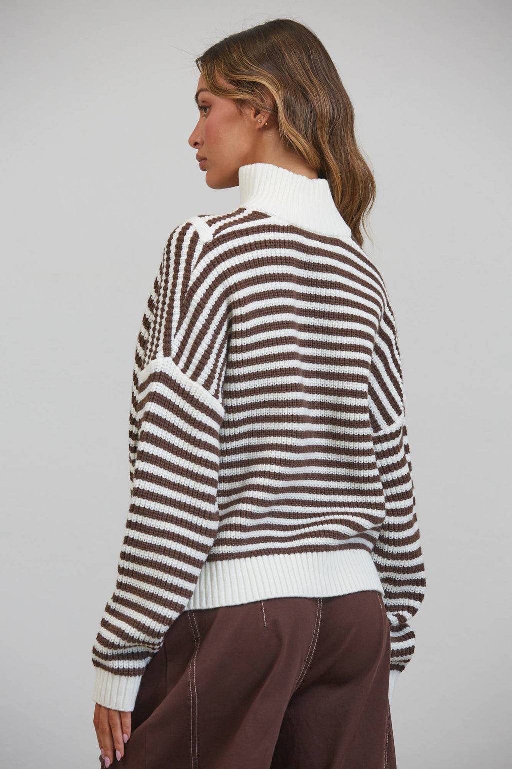 HSW1288 Preppy Californian Half-zip Striped Sweater-Brown