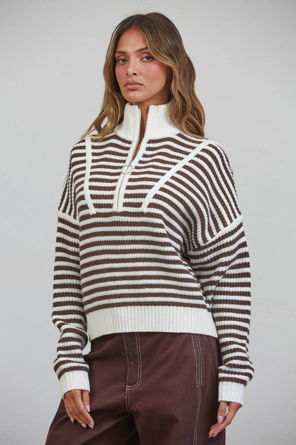 HSW1288 Preppy Californian Half-zip Striped Sweater-Brown