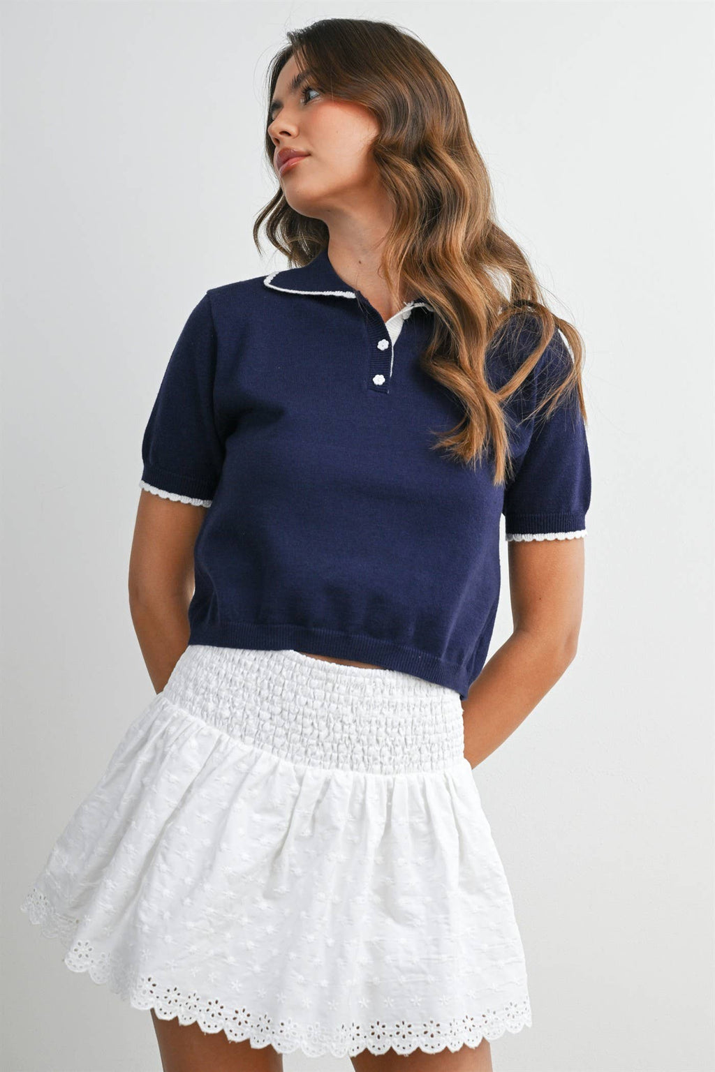 Scalloped Trim Knit Polo Top - BMW8391