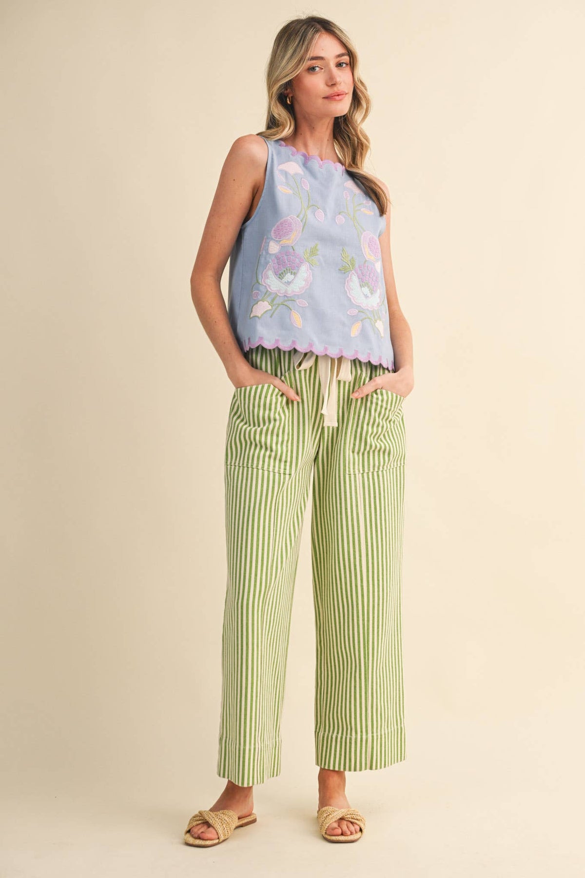 STRIPED WIDE LEG DRAWSTRING PANTS MP5090