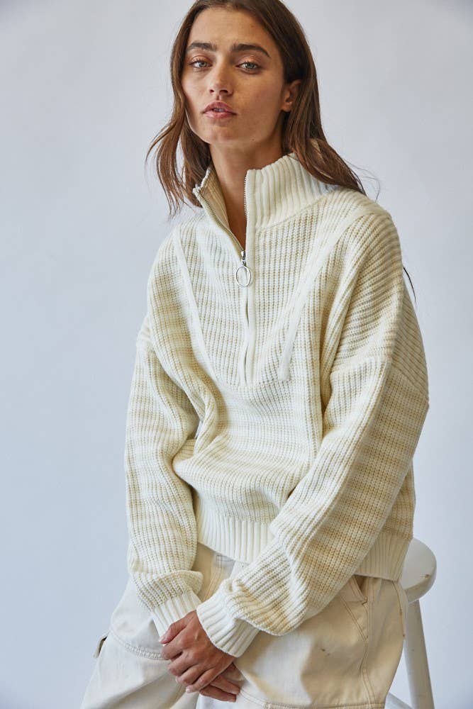 HSW1288 Preppy Californian Half-zip Striped Sweater-Ecru
