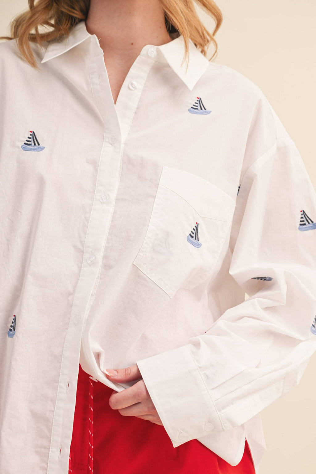SAILBOAT EMBROIDERY BUTTON DOWN SHIRT MTP4688