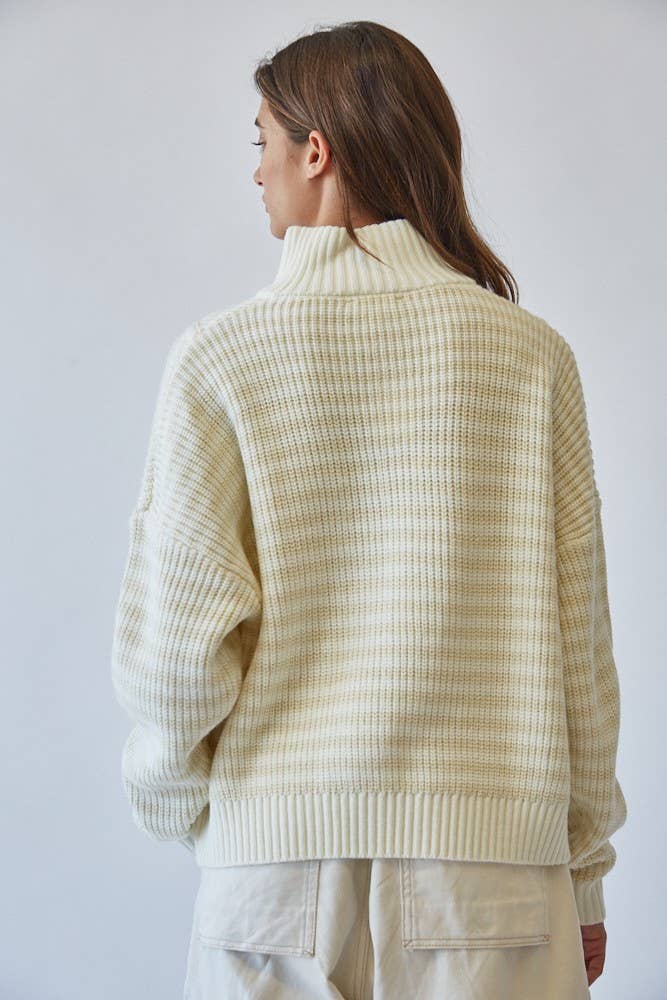 HSW1288 Preppy Californian Half-zip Striped Sweater-Ecru