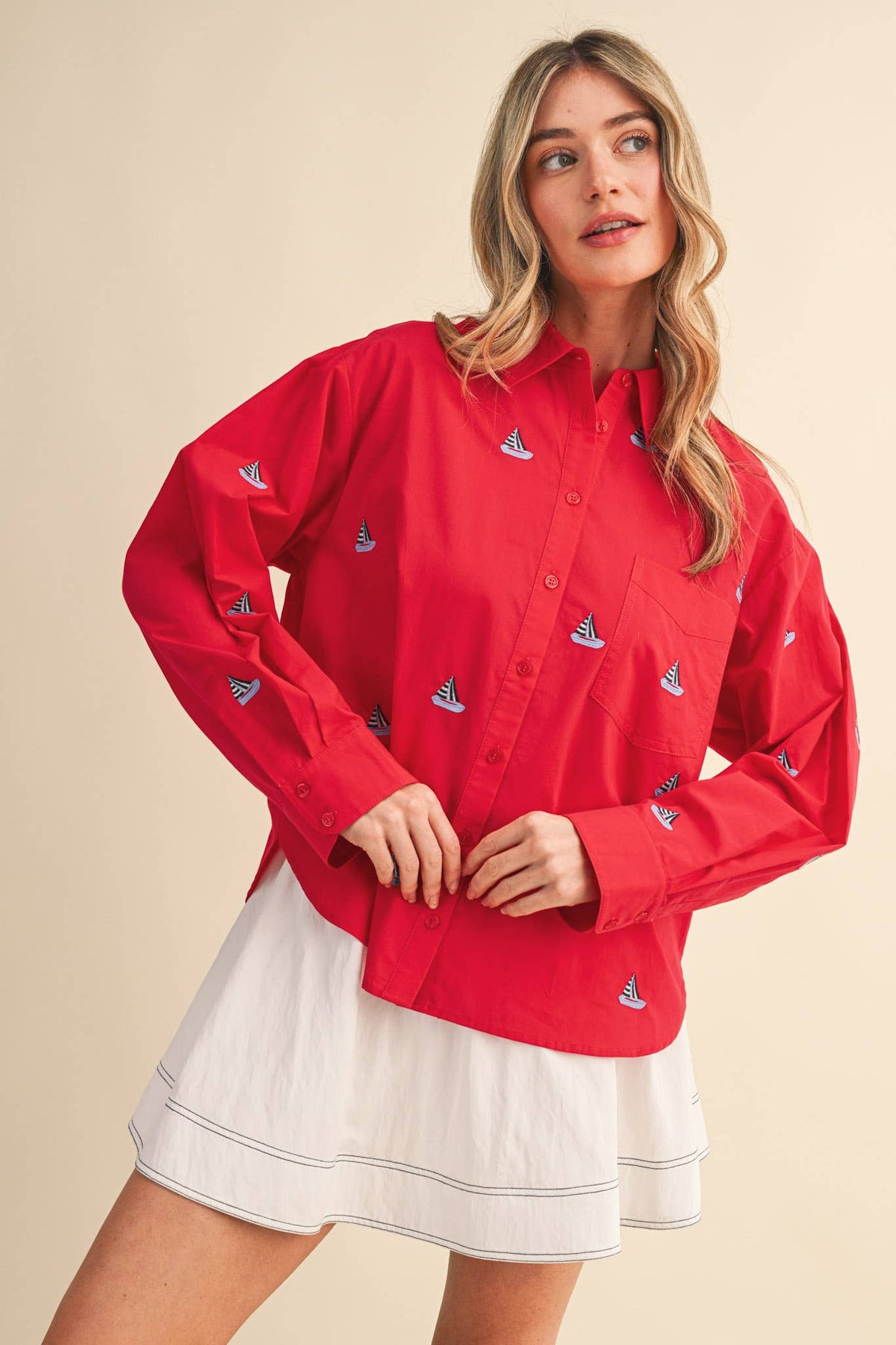 SAILBOAT EMBROIDERY BUTTON DOWN SHIRT MTP4688