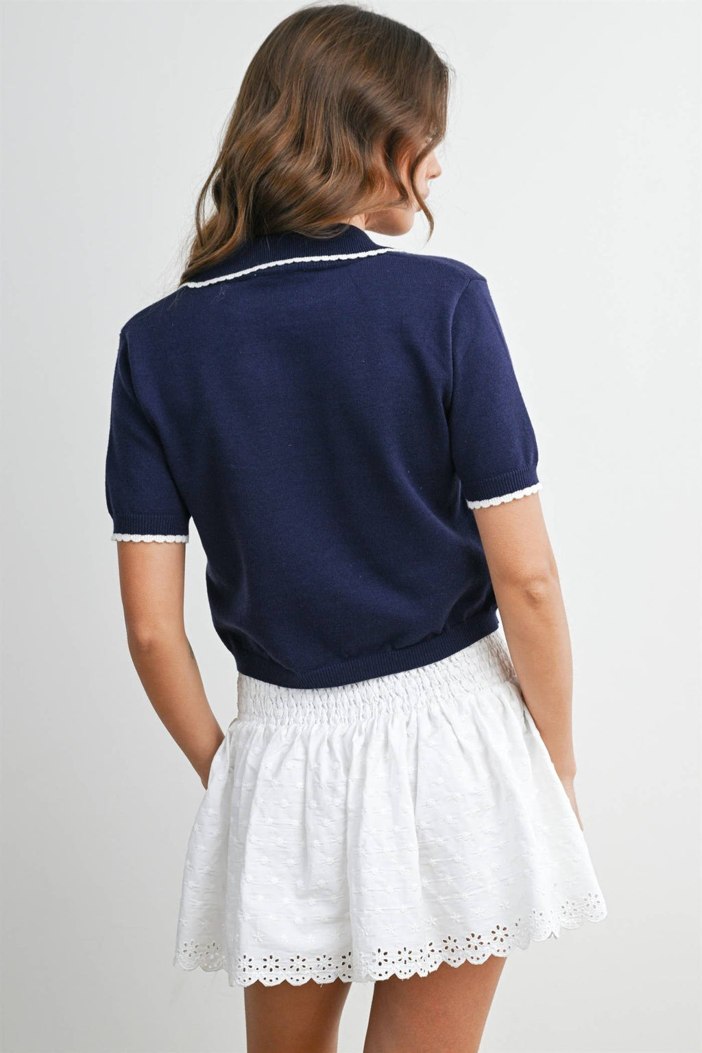Scalloped Trim Knit Polo Top - BMW8391